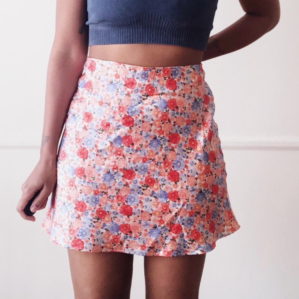 pink and blue floral satin mini skirt